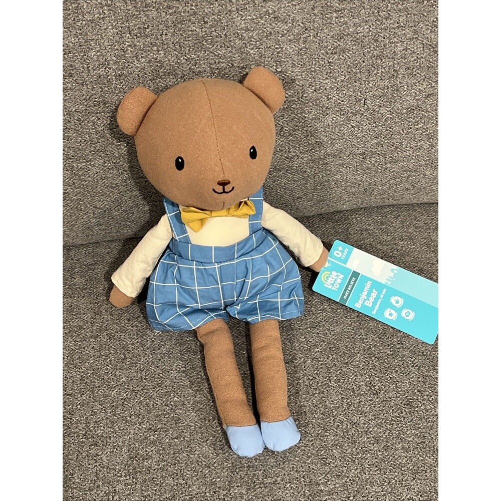 Aldi Bear Cloth Doll Stuffed Animal Toy Dressed Up Blue Shorts Bow Embroidered